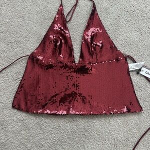 Garage Burgundy Sequin Halter Crop Top